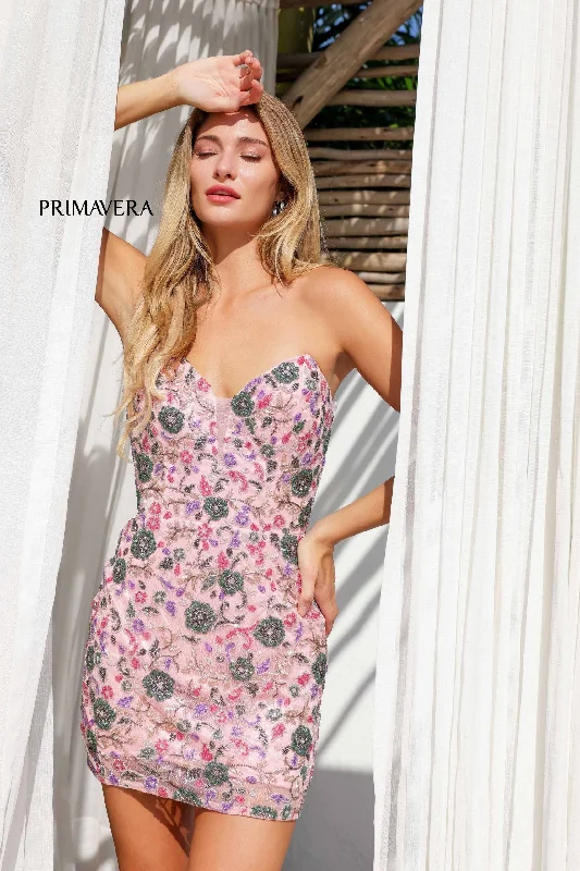 Primavera Couture -4237 Strapless Embroidered Floral Short Cocktail Dress