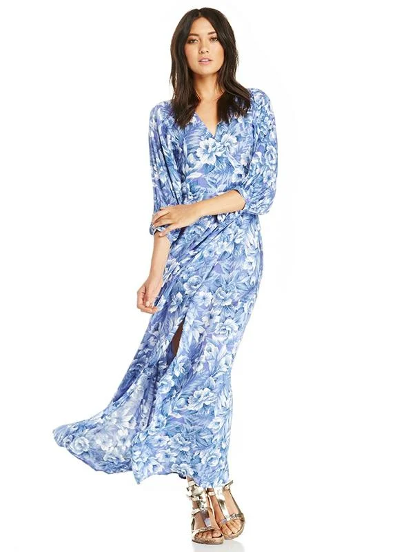 FLORAL PRINTED DRAWSTRING WRAP CHIFFON MAXI DRESS