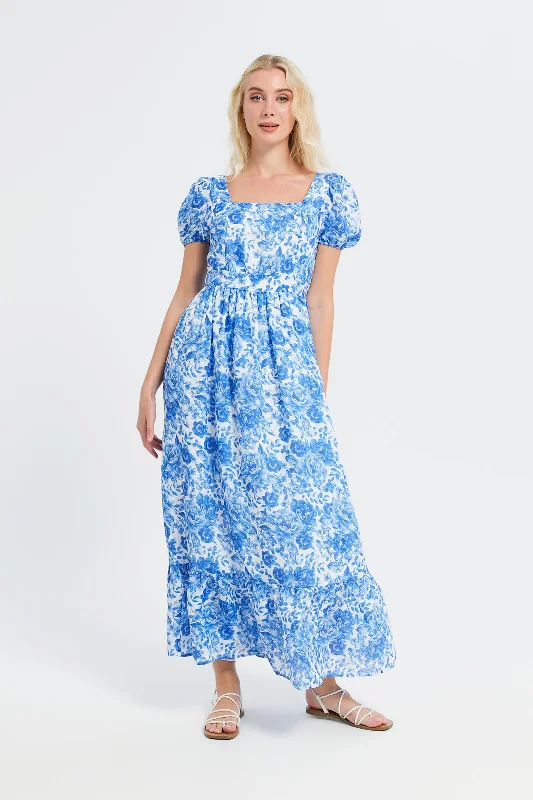 Women Blue Printed Long Dress