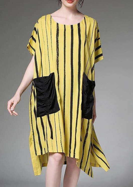 Women linen Plus Size dress Vintage yellow Striped Print Summer Dresses